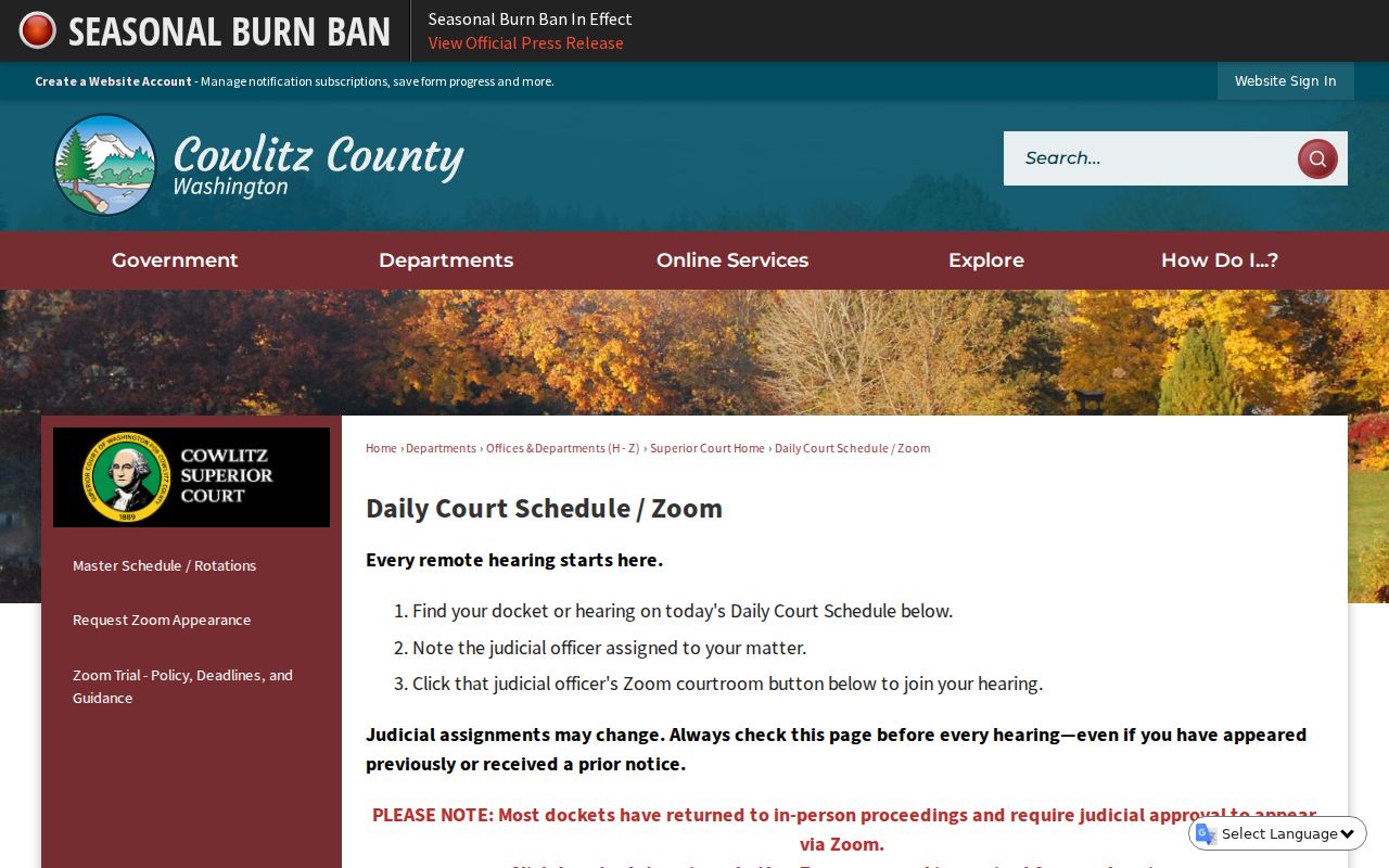 Cowlitz County Daily Court Schedule and Zoom page