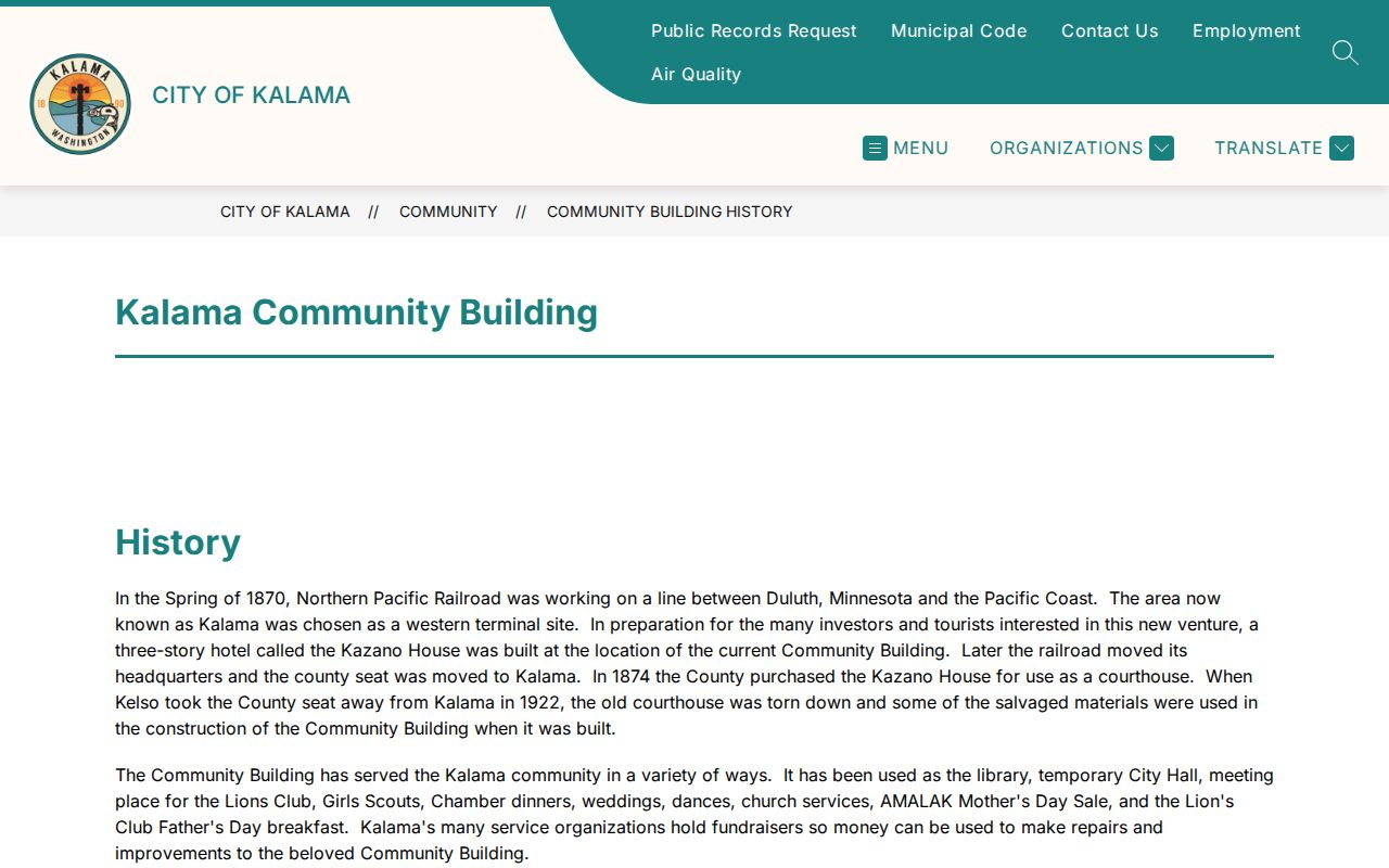 Kalama Community Building page describing the former courthouse site