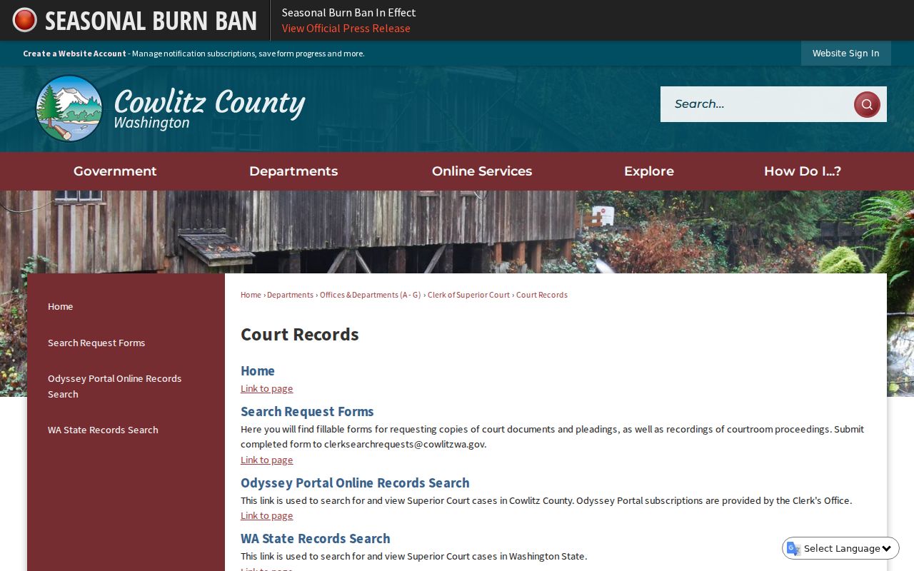 Cowlitz County court record and docket routes
